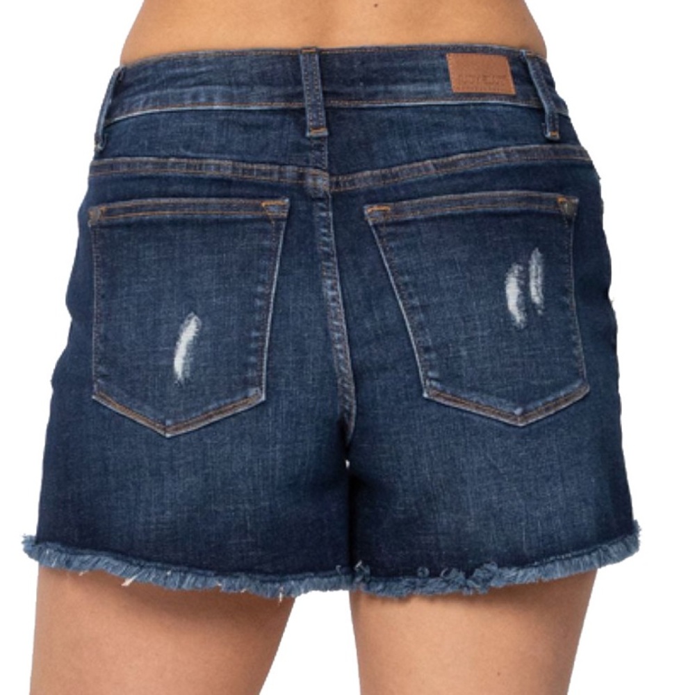 Judy Blue Camo Patch Dark Wash Denim‎ Shorts Stretch Distressed Women’s 1X EUC - Picture 3 of 13
